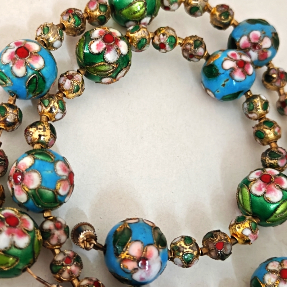 Vintage Cloisonne Enamel Floral Beads Necklace And Bracelet Set